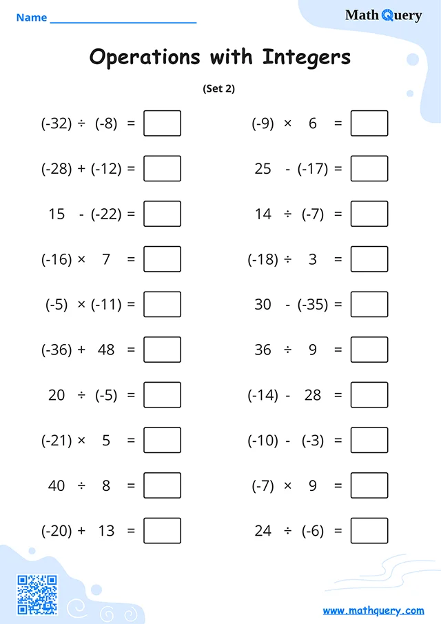 Preview of operations with integers worksheet set 2.