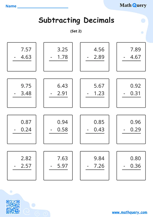 Preview of subtracting decimals worksheet set 2.