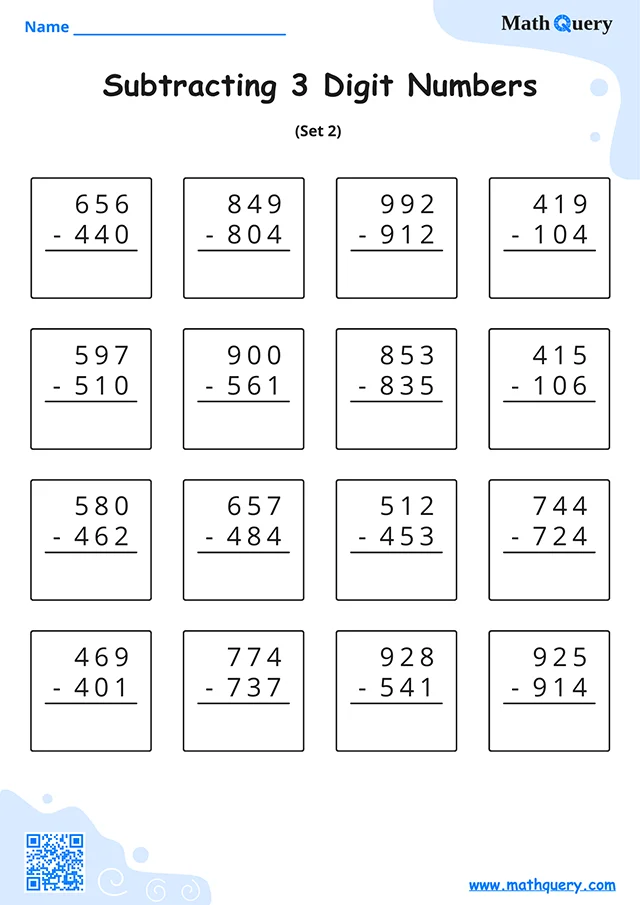 Preview of 3-digit subtraction worksheet set 2.