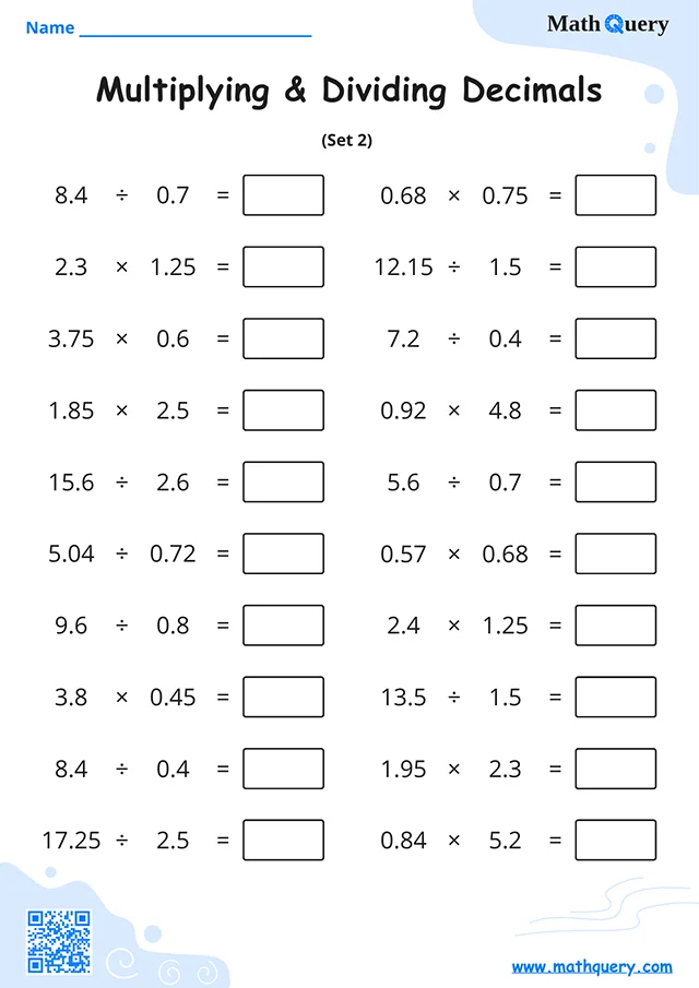 Preview of multiplying and dividing decimals worksheet set 2.