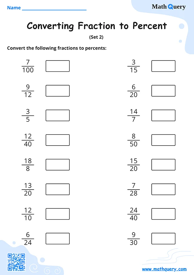 Preview of fraction to percent worksheet set 2.