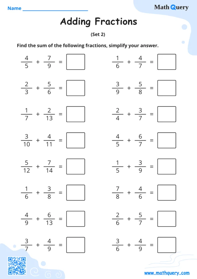 Preview of adding fractions worksheet set 2.