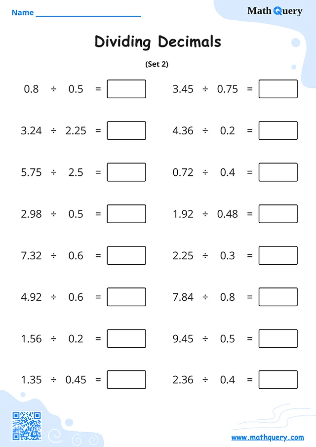 Preview of dividing decimals worksheet set 2.