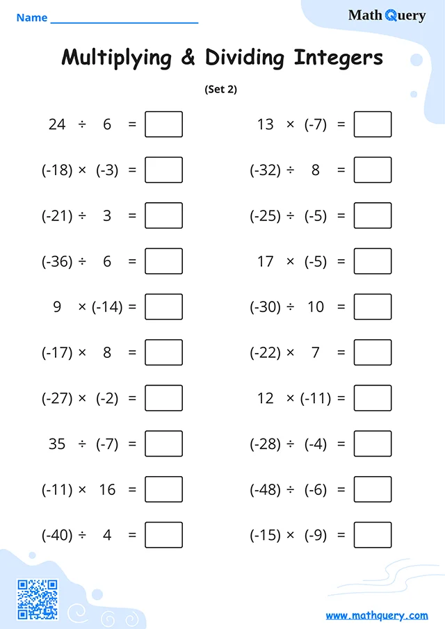 Preview of multiplying and dividing integers worksheet set 2.