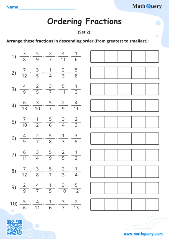 Preview of ordering fractions worksheet set 2.