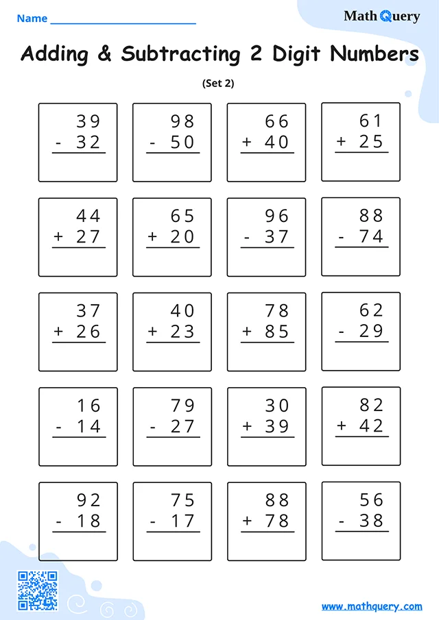 Preview of 2-digit addition and subtraction worksheet set 2.