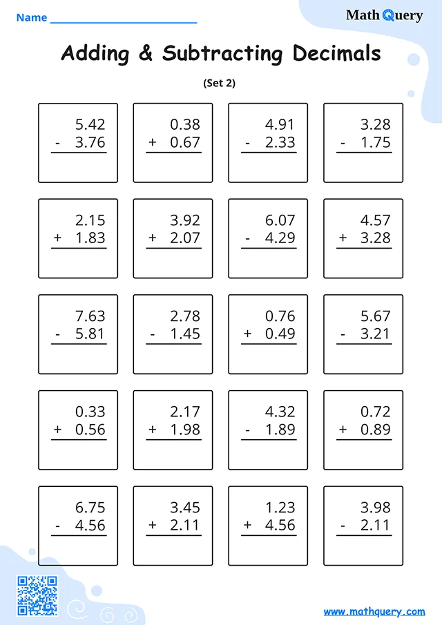 Preview of adding and subtracting decimals worksheet set 2.