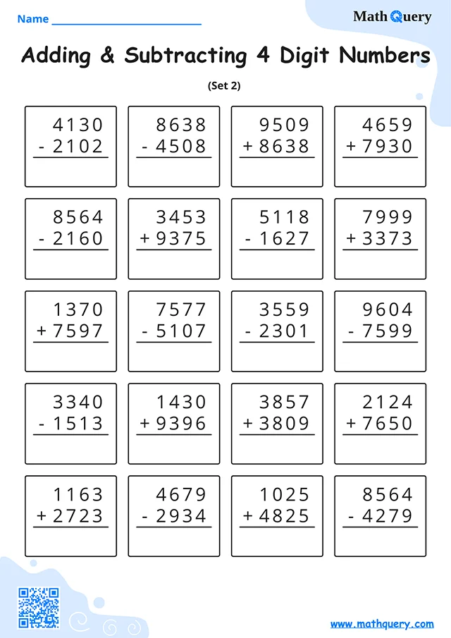 Preview of 4-digit addition and subtraction worksheet set 2.