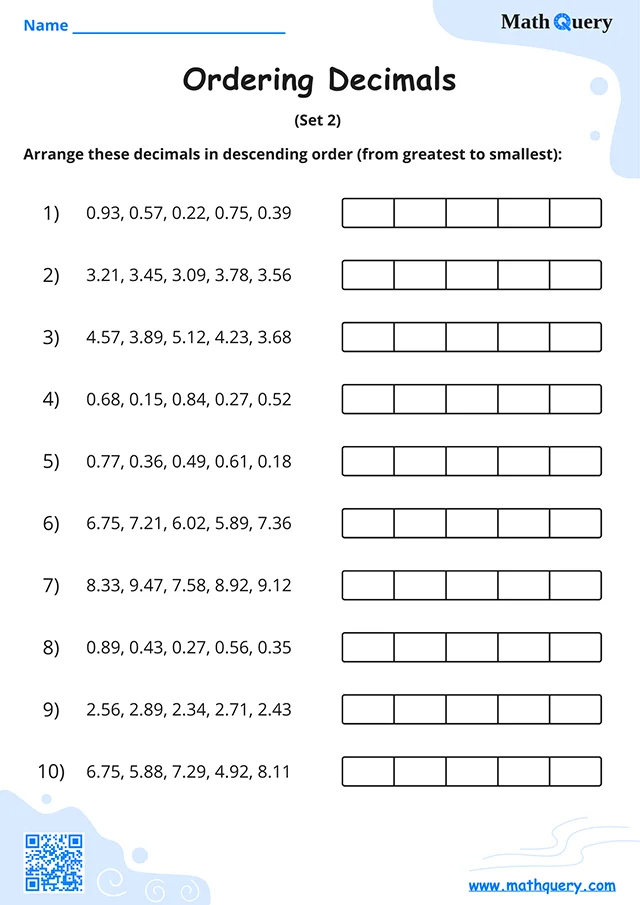 Preview of ordering decimals worksheet set 2.