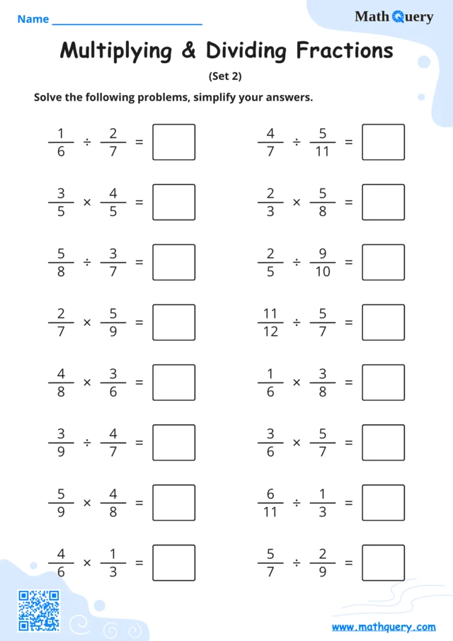 Preview of multiplying and dividing fractions worksheet set 2.