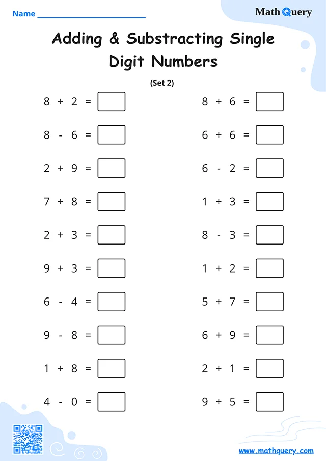 Preview of single-digit addition and subtracting worksheet set 2.