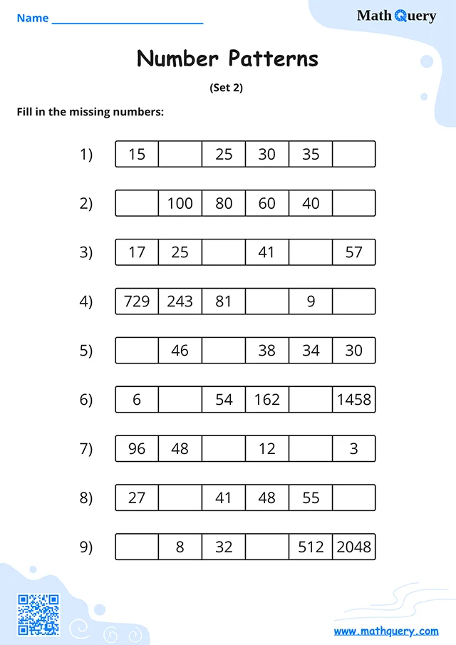 Preview of number patterns worksheet set 2.