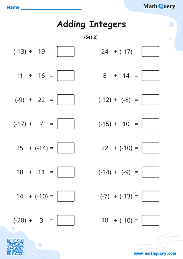 Preview of adding integers worksheet set 2.