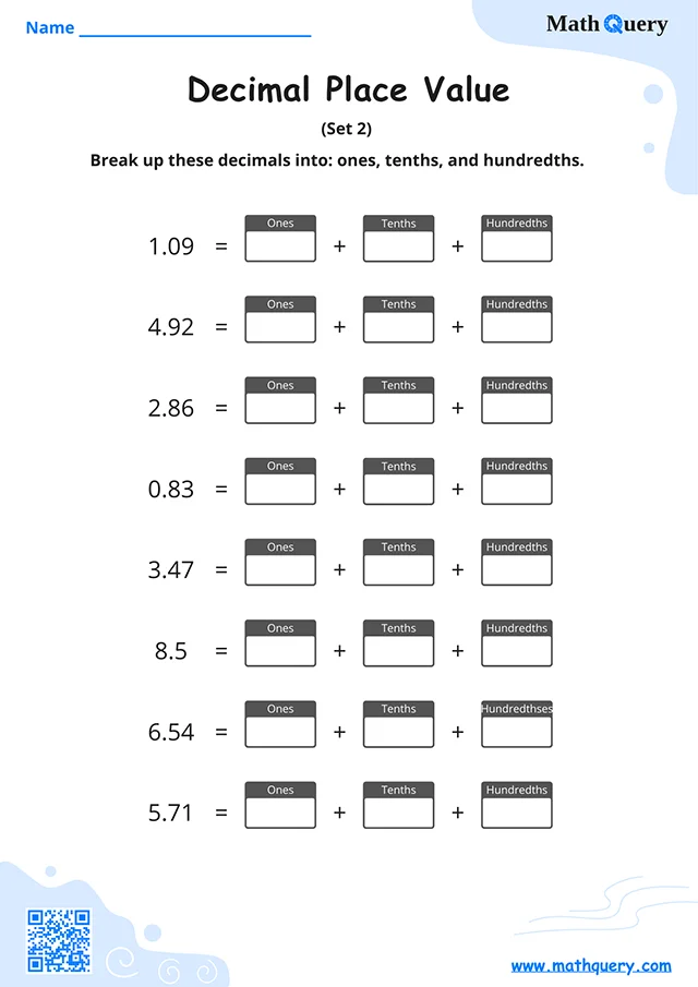 Preview of decimal place value worksheet set 2.