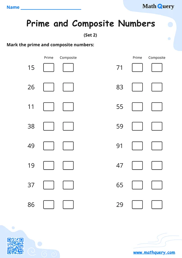 Preview of prime and composite numbers worksheet set 2.