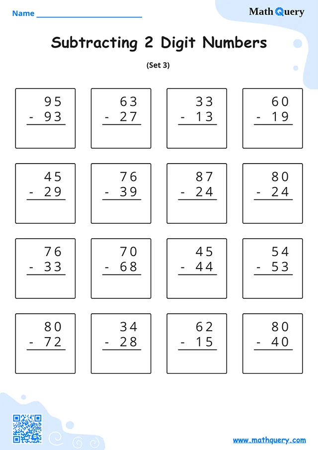 Preview of 2-digit subtraction worksheet set 3.