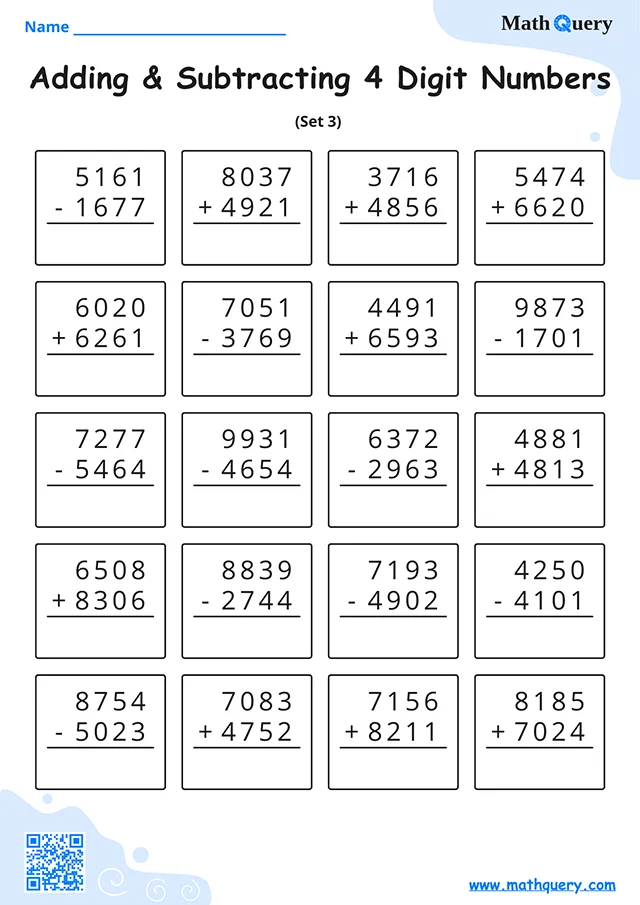 Preview of 4-digit addition and subtraction worksheet set 3.