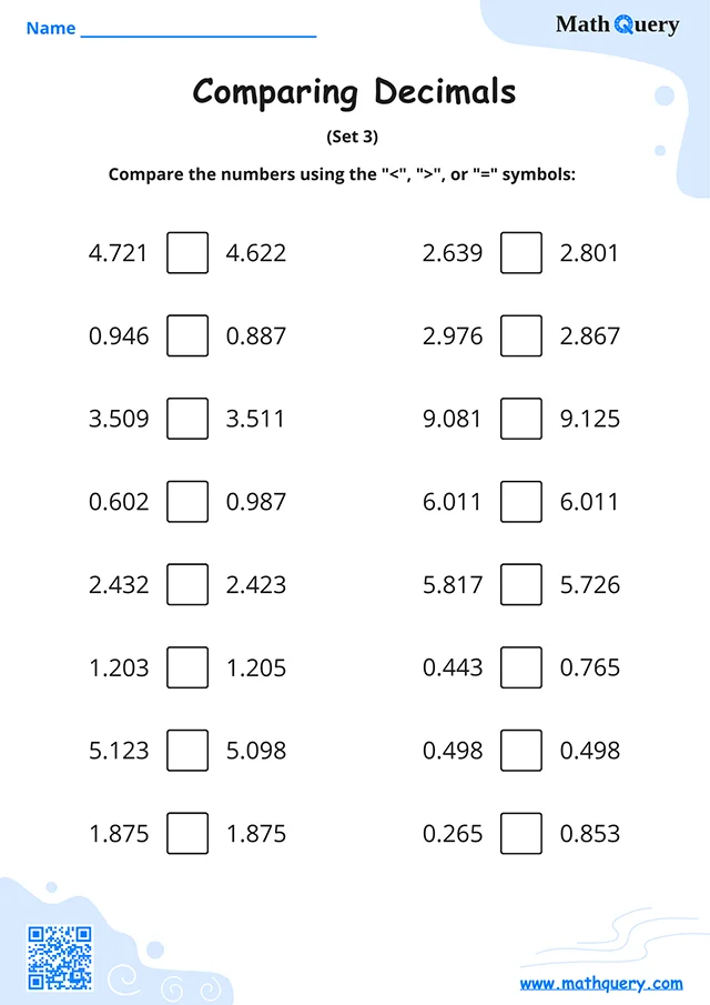 Preview of comparing decimals worksheet set 3.