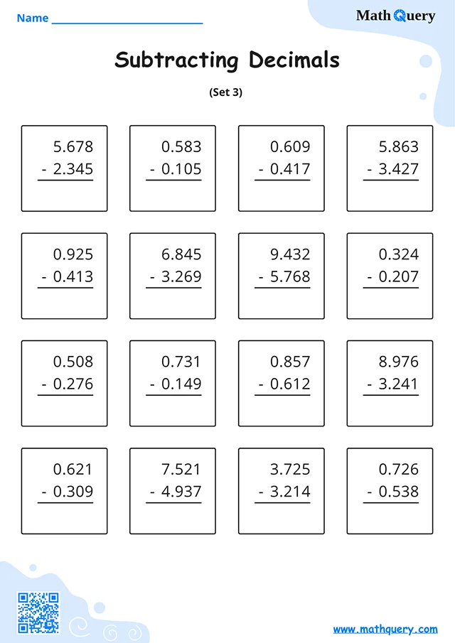 Preview of subtracting decimals worksheet set 3.