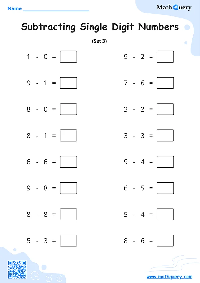 Preview of single-digit subtraction worksheet set 3.