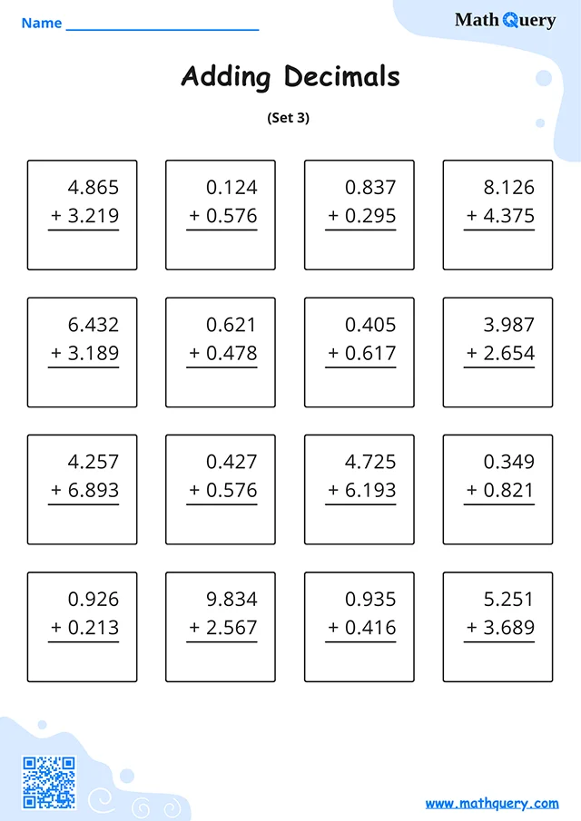 Preview of adding decimals worksheet set 3.