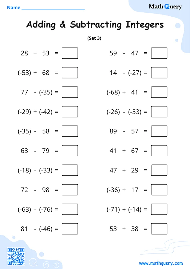 Preview of adding and subtracting integers worksheet set 3.