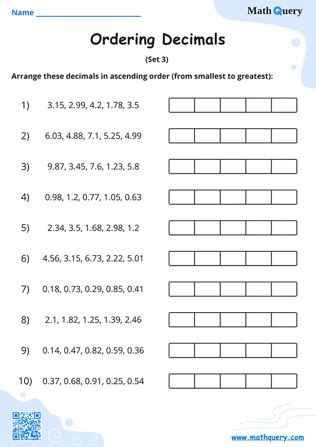 Preview of ordering decimals worksheet set 3.