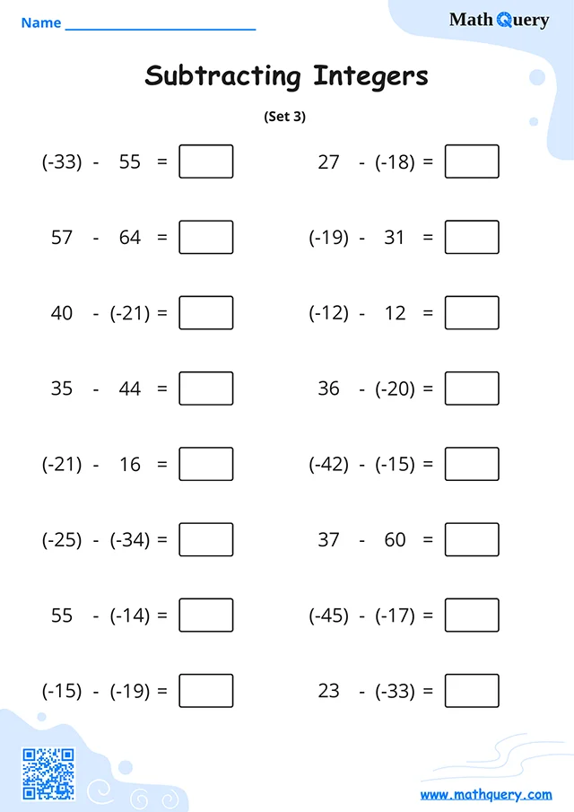 Preview of subtracting integers worksheet set 3.