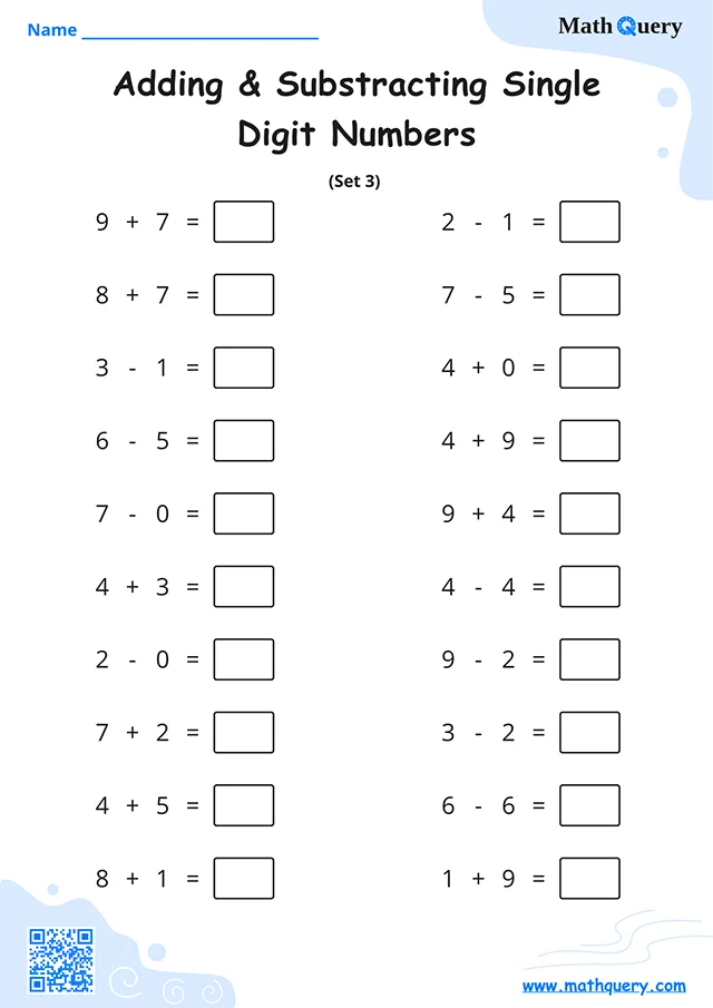 Preview of single-digit addition and subtracting worksheet set 3.