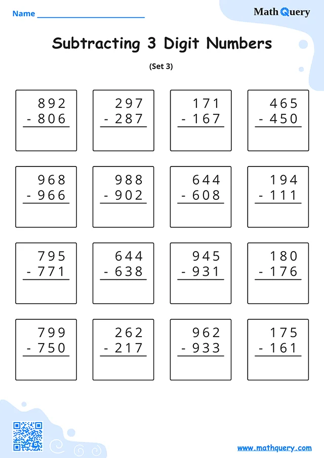 Preview of 3-digit subtraction worksheet set 3.