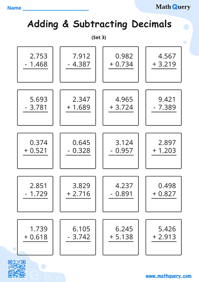 Preview of adding and subtracting decimals worksheet set 3.