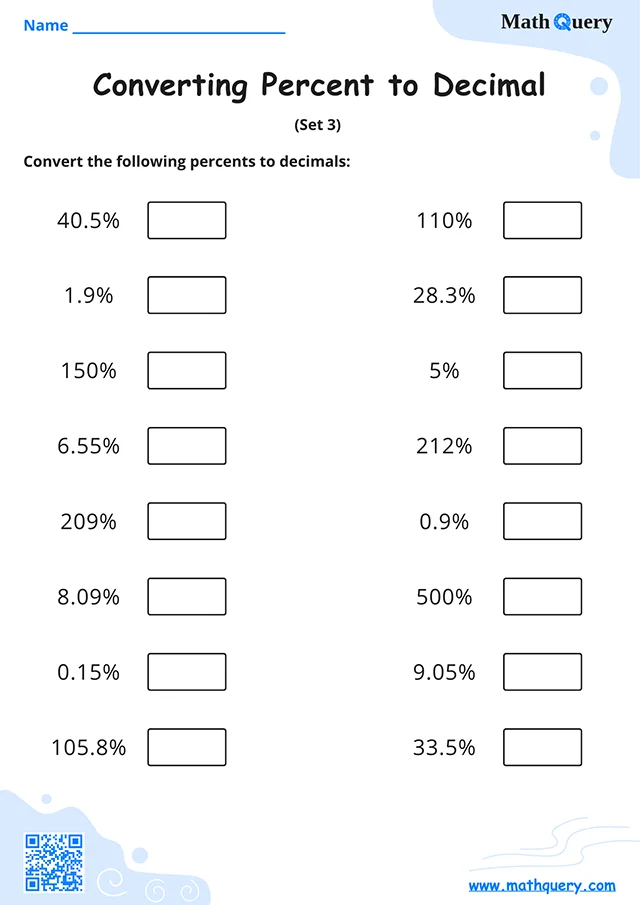 Preview of percent to decimal worksheet set 3.