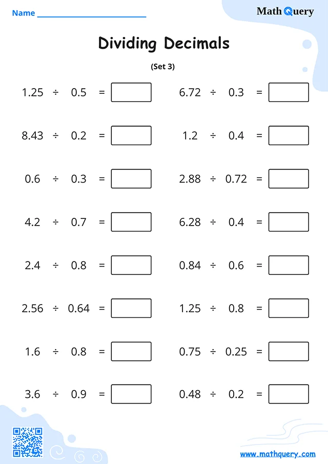 Preview of dividing decimals worksheet set 3.