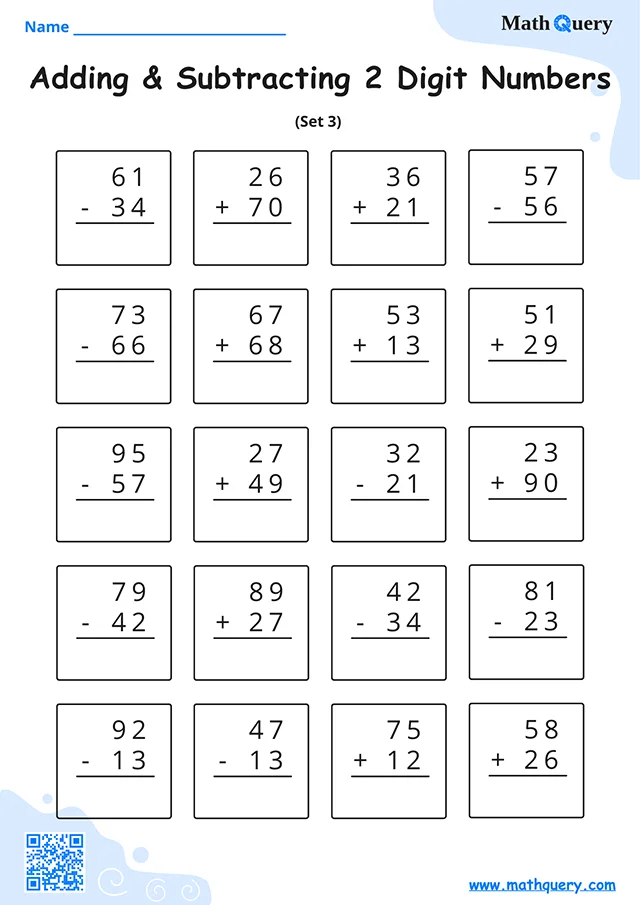 Preview of 2-digit addition and subtraction worksheet set 3.