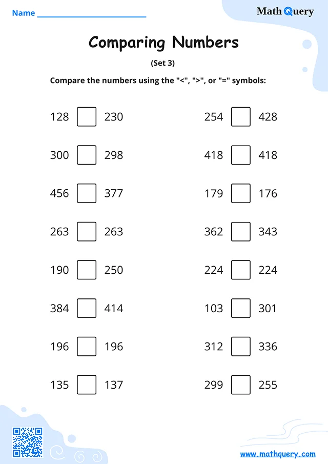 Preview of comparing numbers worksheet set 3.