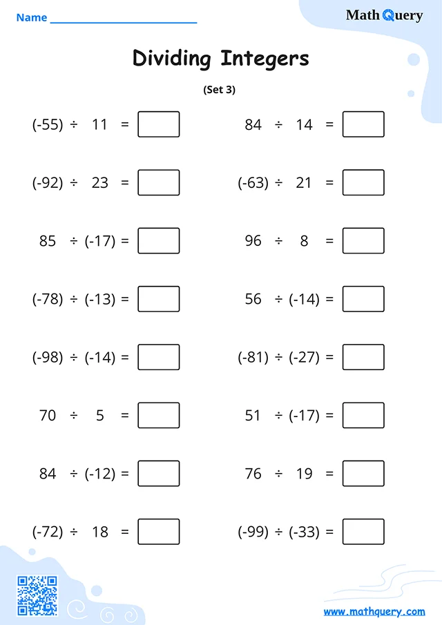 Preview of dividing integers worksheet set 3.