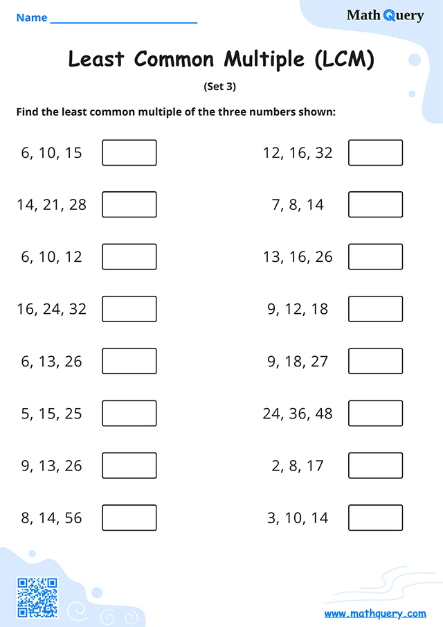 Preview of least common multiple worksheet set 3.