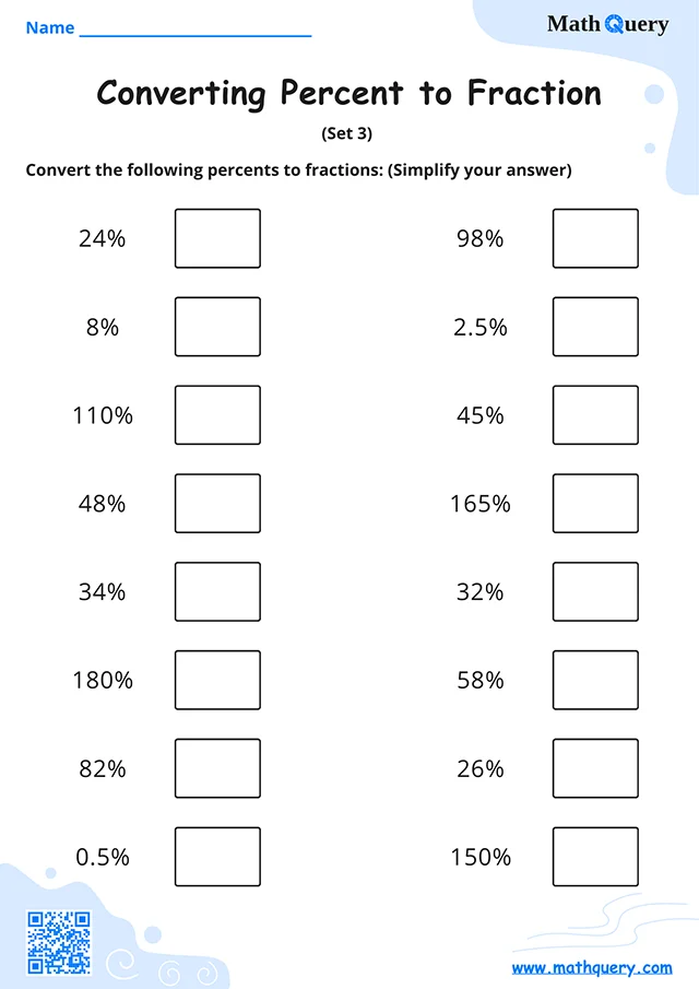 Preview of percent to fraction worksheet set 3.