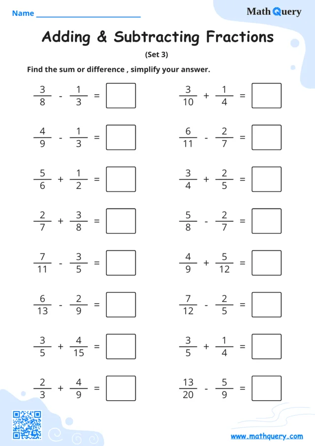 Preview of adding and subtracting fractions worksheet set 3.