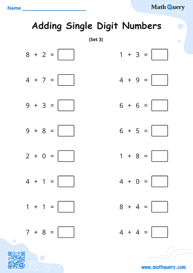 Preview of single-digit addition worksheet set 3.