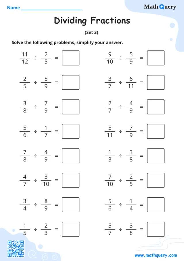 Preview of dividing fractions worksheet set 3.