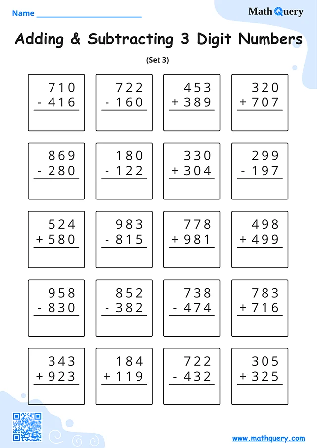 Preview of 3-digit addition and subtraction worksheet set 3.