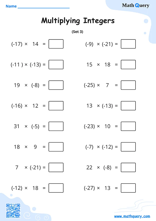 Preview of multiplying integers worksheet set 3.