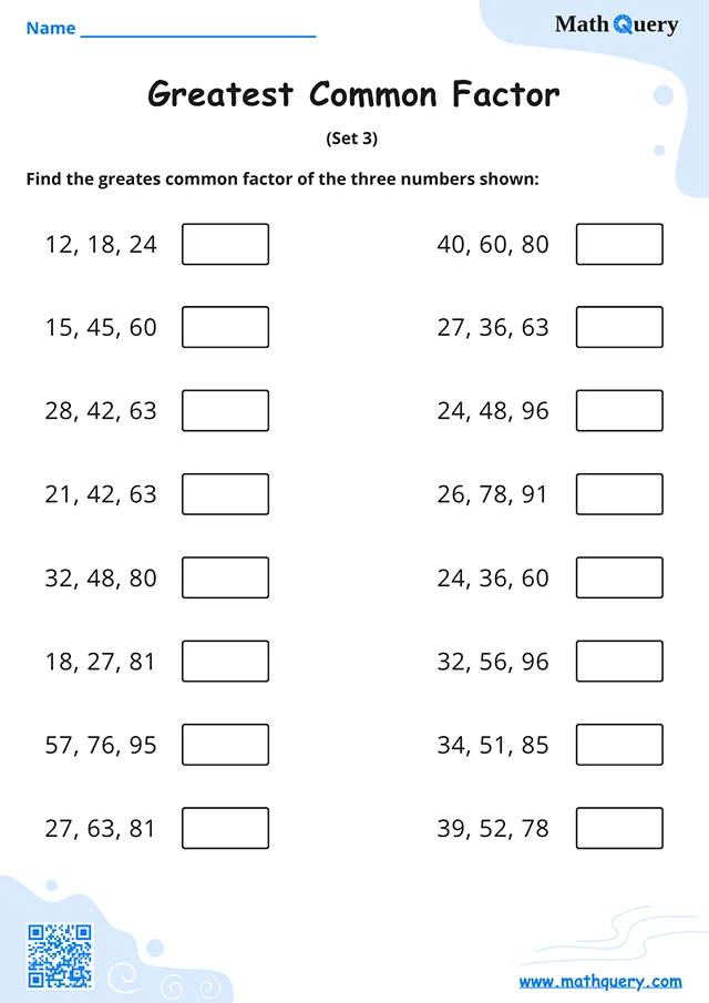 Preview of greatest common factor worksheet set 3.