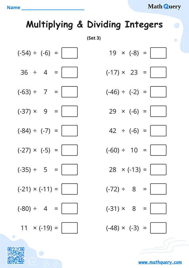 Preview of multiplying and dividing integers worksheet set 3.