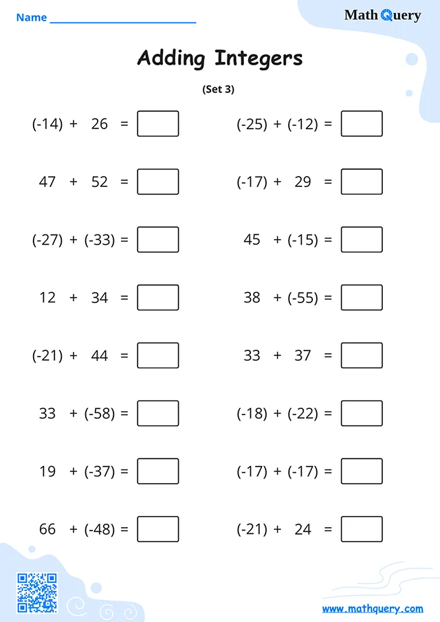 Preview of adding integers worksheet set 3.