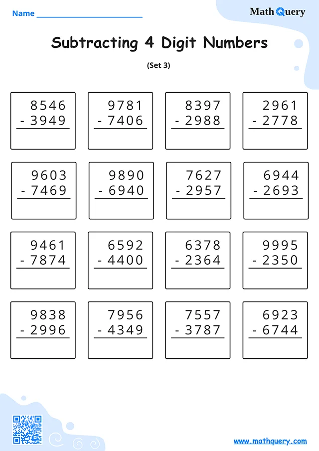 Preview of 4-digit subtraction worksheet set 3.