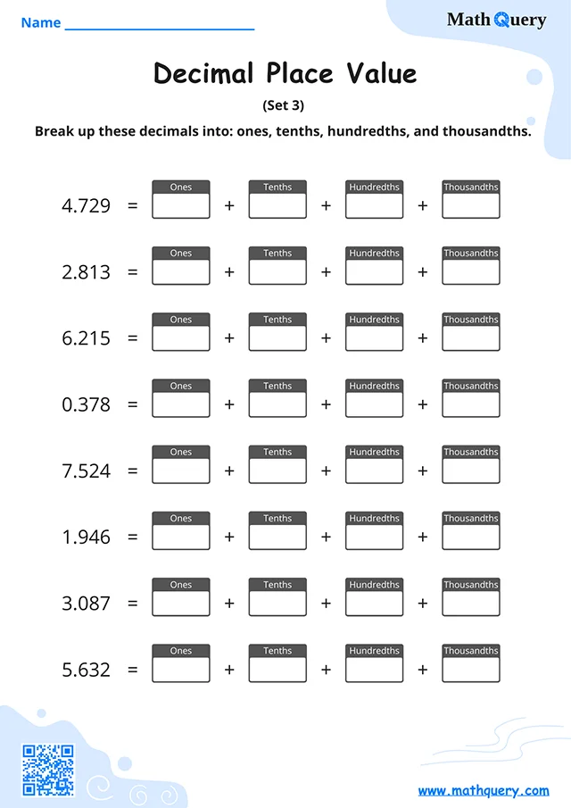 Preview of decimal place value worksheet set 3.