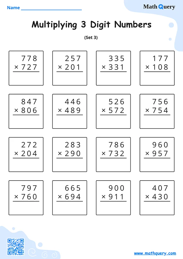 Preview of 3-digit multiplication worksheet set 3.