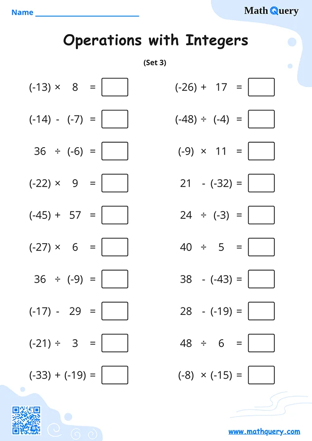 Preview of operations with integers worksheet set 3.